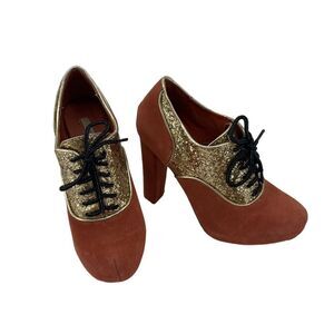 Urban Outfitters Kimchi Blue Gold Glitter & Orange Suede Disco Heels